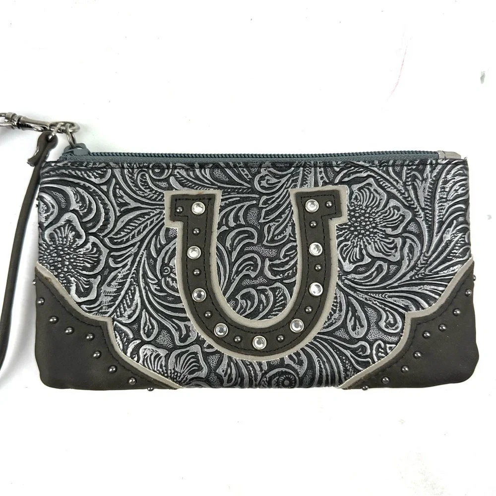 Wrangler Wristlet Grey‎ Faux Leather Horseshoe Wallet Rhinestone Womens